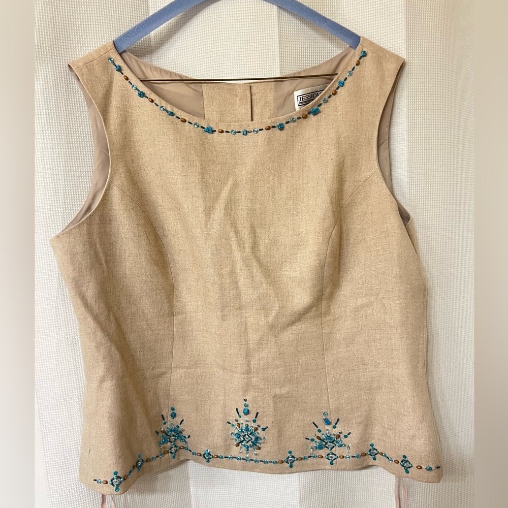 Vintage coastal linen Sleeveless tank Top with Blue beading